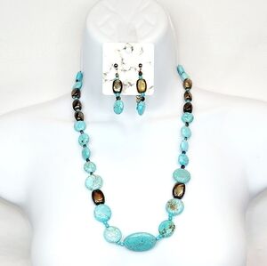 Vintage Turquoise Howlite Magnesite & Gold Rondel Beads Necklace & Earring Set